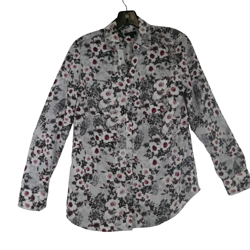 Talbots Long Sleeve Roll-Tab Blouse Gray Floral Full Button Collared Shirt Small